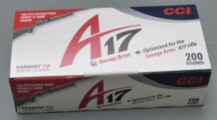 Two-hunded Savage Arms A17 Varmint Tip .17 HMR rifle cartridges, sealed in original boxes. PLEASE