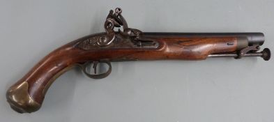 Flintlock hammer action pistol with crown over 'GR' cypher and Tower stamped to the lock, brass