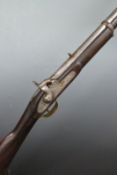 Enfield pattern two band percussion hammer action rifle with crown stamped to lock, brass trigger