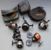 Six Abu closed face fishing reels including 501, 503, 506M x2, 508 and come spare spools and soft