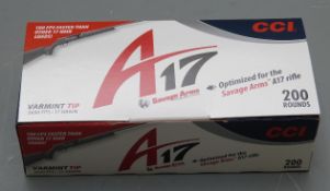 Two-hunded Savage Arms A17 Varmint Tip .17 HMR rifle cartridges, sealed in original boxes. PLEASE