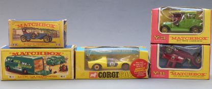 Five Corgi and Matchbox diecast model vehicles, all in original boxes.