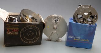 Three centrepin fishing reels including Marco Cortes, well engineered alloy example and a Sigma
