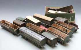 Quantity of 0 gauge railway rolling stock including Hornby, scratch built Southern coaches etc