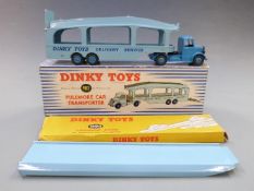 Dinky Toys diecast model Pullmore Car Transporter with blue cab and hubs, pale blue trailer and