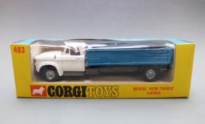 Corgi Toys diecast model Dodge 'Kew Fargo' Tipper with white cab, black chassis and blue bed, 483,