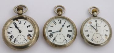 Three London Midland and Scottish railway keyless winding open faced pocket watches, one Record