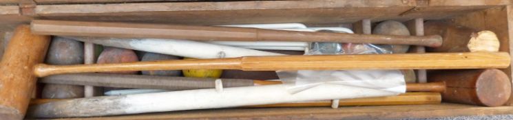 Vintage Slazenger croquet set with hickory shafted mallets and turned wooden balls, in fitted wooden