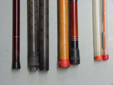 A collection of fishing poles including Silstar Powerwind x2, Shakespeare Polestrel, Lerc Superflex,