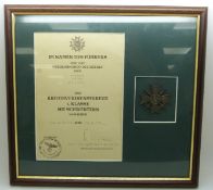 German Third Reich Nazi War Merit Cross with Swords medal, framed with certificate