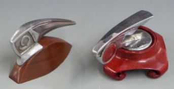 Morris 8 enamel and chrome car mascot on wooden display stand, overall length 13cm, together with