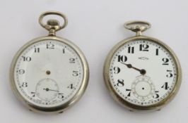 Two London Midland and Scottish railway keyless winding open faced pocket watches each with