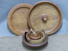 Quantity of turned treen items including an elm bowl, diameter 45cm