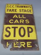 London County Council Tramways Fare Stage 'All Cars Stop Here' enamel sign by Franco signs London,