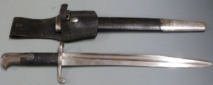 British shortened Yataghan bayonet for cadets, with reshaped blade point, clean stamps to ricasso,