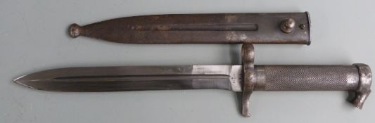 Swedish 1896 knife bayonet with clear stamps to ricasso, cross guard and scabbard, 21cm fullered