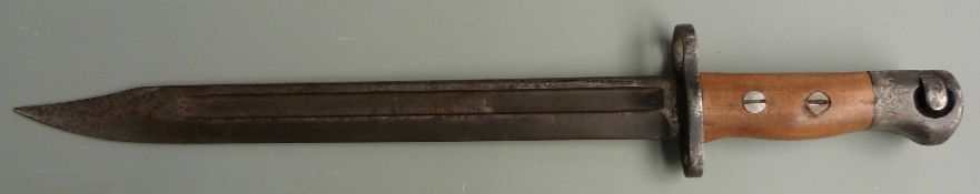 India L1A2 bayonet with wooden grip, marked RFI 65 to ricasso, with 25cm fullered 'bowie' style
