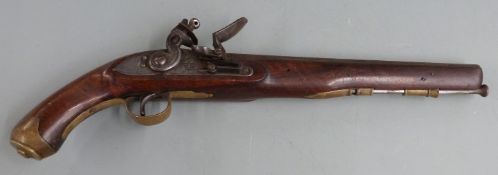 Flintlock hammer action pistol with crown and 'Warranted' stamped to the lock, brass trigger