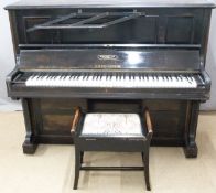 Upright 'C Bechstein' piano and stool with various scores and metronome, W150 D60 H120