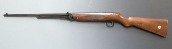 Webley Mark 3 .22 air rifle with semi-pistol grip, inlaid plaque to the stock and adjustable sights,