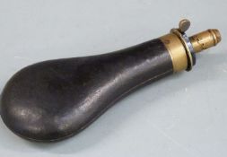 James Dixon & Sons leather cover brass powder flask, 20cm long.