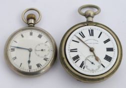 Two keyless winding open faced pocket watches, one London and South Western Railway the other
