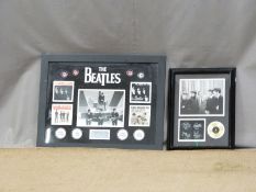 Two Beatles montages of facsimile signatures, badges, discs, photographs and tickets etc, largest 68