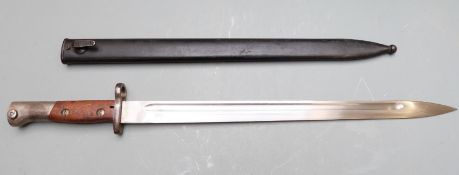 Portuguese 1904 pattern bayonet with wooden grips, 38.5cm fullered blade and scabbard