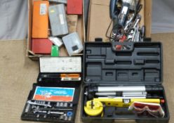 Cased laser level, Bosch jigsaw, assorted tools including socket sets, drill bits etc (two boxes)