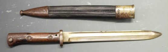 German 84/98 pattern bayonet, C G Haenel Suhl to ricasso, R E 4100 to crosspiece, with shaped grips,