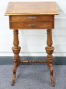 Walnut sewing table with burr top, single drawer and fitted interior raised on turned legs, W49