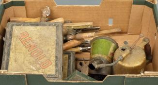 Renold motor parts tins, Castrol oil can, woodworking planes, chisels etc