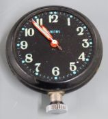 Smiths car dashboard rally time clock with luminous hands, Arabic numerals, black dial and case