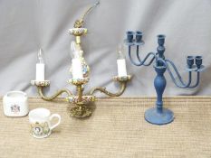 A floral decorated ceiling light, painted candelabra etc