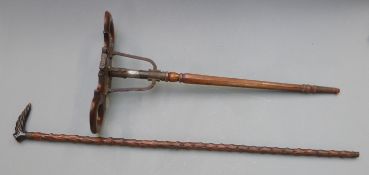 19thC or early 20thC shooting stick and a briar walking stick with horn handle