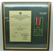 German Third Reich Nazi Iron Cross medal, framed and mounted with certificate