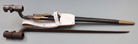 British 1853 pattern socket bayonet, some clear stamps to 43.5cm blade, with scabbard and frog
