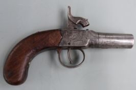 Durs Egg percussion hammer action pocket pistol with named and engraved lock, engraved trigger guard