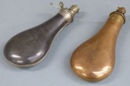 Two G & J W Hawksley powder flasks, one copper and brass the other steel, largest 20.5cm long.