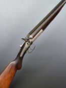 R Scott 12 bore side by side hammer action shotgun with named and engraved lock, semi-pistol grip,