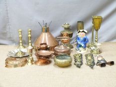 Copper and brass ware including Arts and Crafts style jardiniere, candlestick, lamp, horse