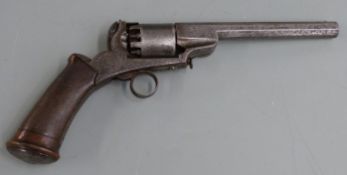 Belgian 54 bore six-shot percussion revolver with ring trigger, engraved frame and butt cap,
