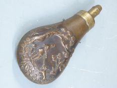 Sykes copper and brass powder flask with embossed shooting scene decoration to both sides, 18cm