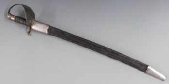 Royal Navy 1859 first pattern cutlass bayonet with ribbed grip, bowl guard, 68cm blade and leather