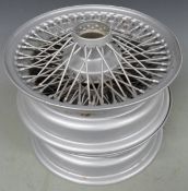 Two E-Type Jaguar or similar wire wheels, overall diameter 42cm, width 16cm