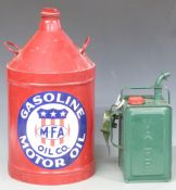 MFA Oil Company Gasoline Motor Oil can, height 53cm, Valor can and a small Sutcliffe oil can