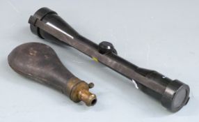 6x42 gun scope with lens covers together with a G & J W Hawksley leather bound brass powder flask.