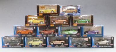 Fourteen Maisto Power Racers, Superior and similar diecast model vehicles including Mini Coopers,
