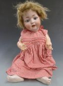 Heinrich Handwerck bisque headed doll with open mouth, weighted blue eyes, short blonde hair and