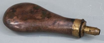 Bartram & Co copper and brass powder flask, 20cm long.
